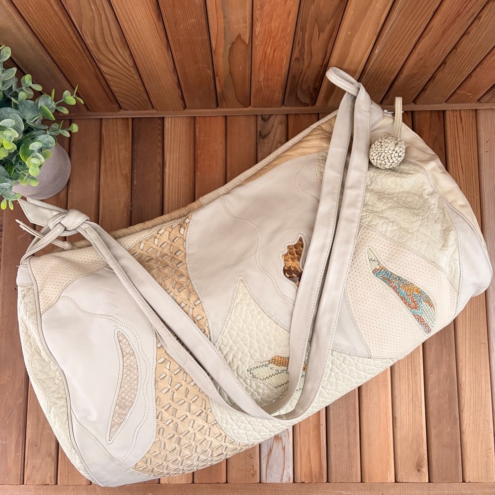 Vintage Sharif Patchwork Leather Textured Boho Slouchy Shoulder Bag w Zip Pocket - Picture 2 of 12